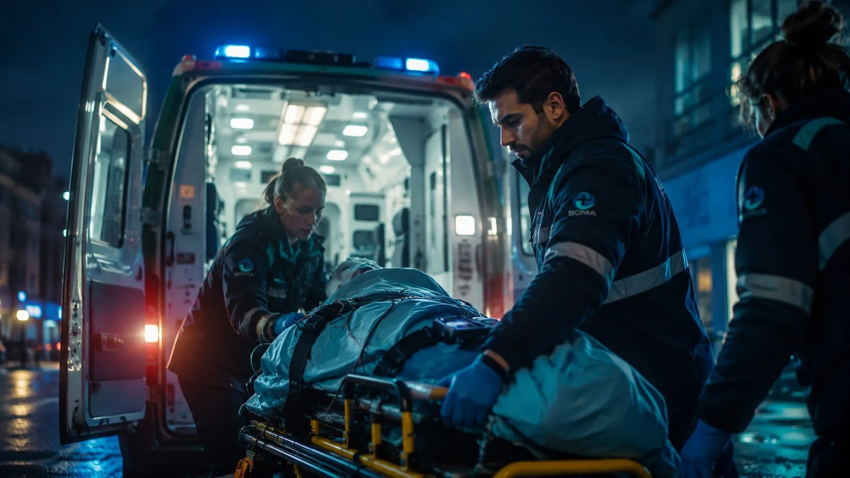 Embarque de paciente em ambulância durante a noite.