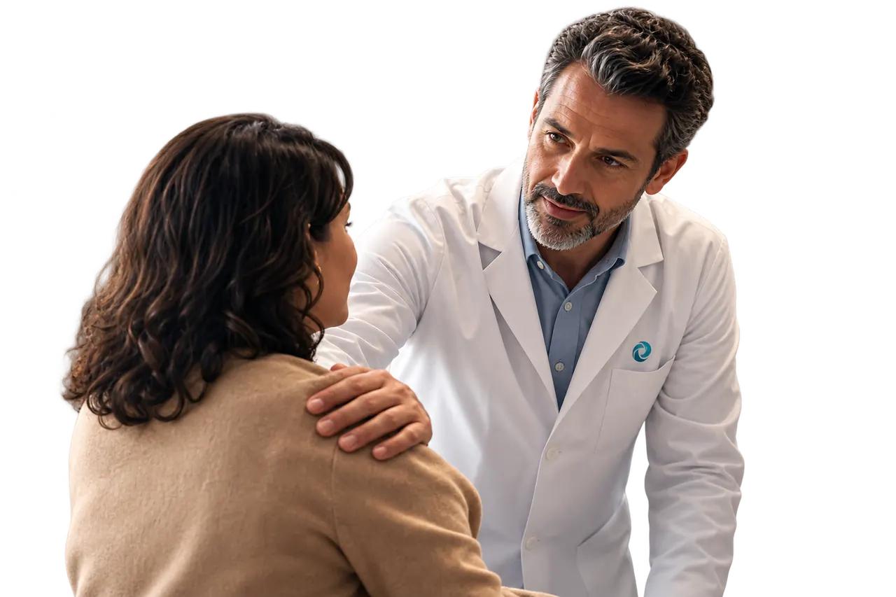 Médico com a mão no ombro de uma paciente, o olhar nela enquanto ela fala.