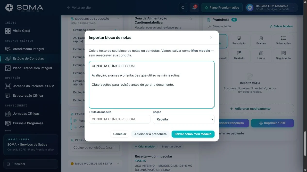 Tela real do Estúdio de Condutas mostrando a importação de um bloco de notas para Meu modelo